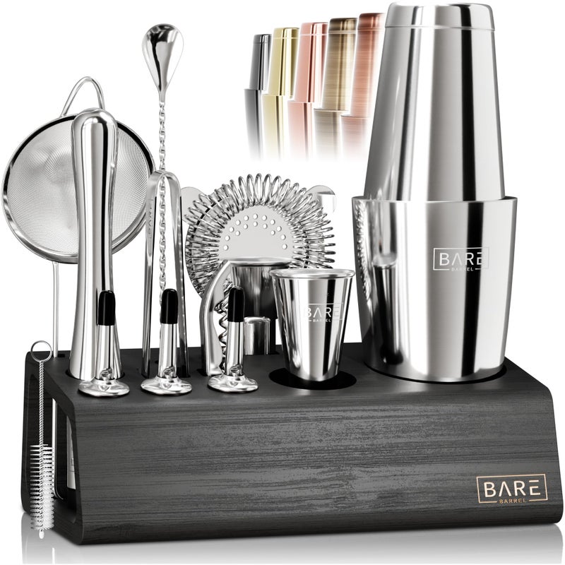 BARE BARREL Mixology Bartender Kit Bar Set | 14-Piece Cocktail Shaker Set | Martini Barware Mixing Tools for Home Bartending | Incl. 35 Recipe Cards | Gift Set (28oz Boston Shaker  Silver/Black) - Image 1